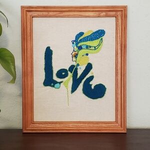 Vintage Inspired Peter Max Style "Love" Crewel In Wooden Frame